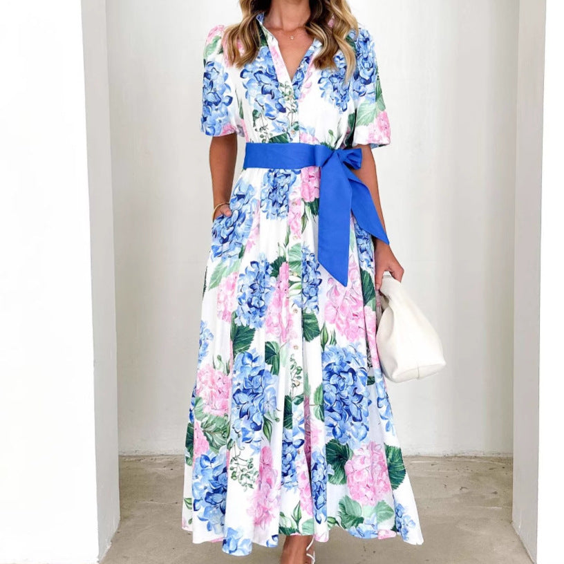 Damen Maxikleid mit botanischem Blütenmuster und tailliertem Bindegürtel EB