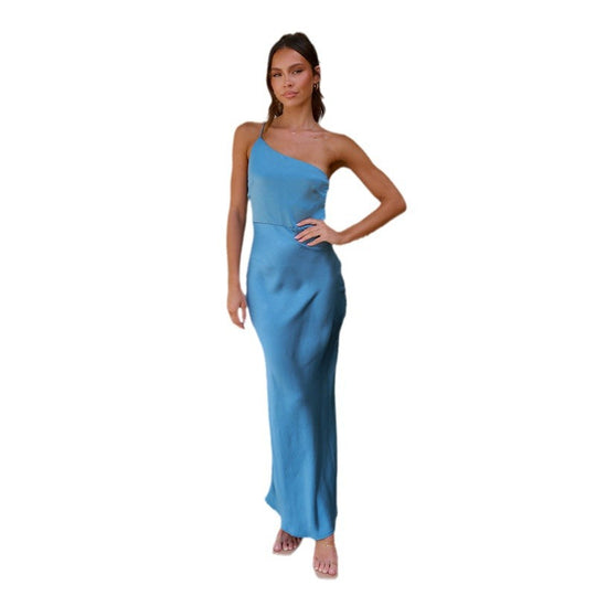 Damen Einseitig geschnittenes Satin-Maxikleid mit elegantem Fall EB