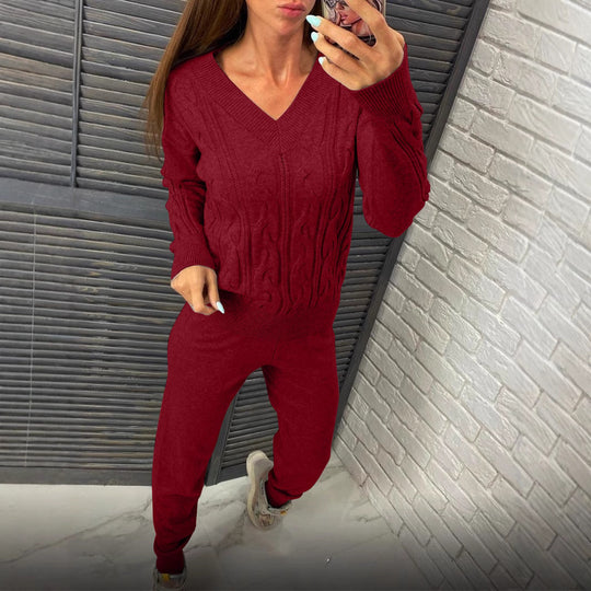 Damen Strickpullover und Jogginghose Set mit Zopfmuster EB