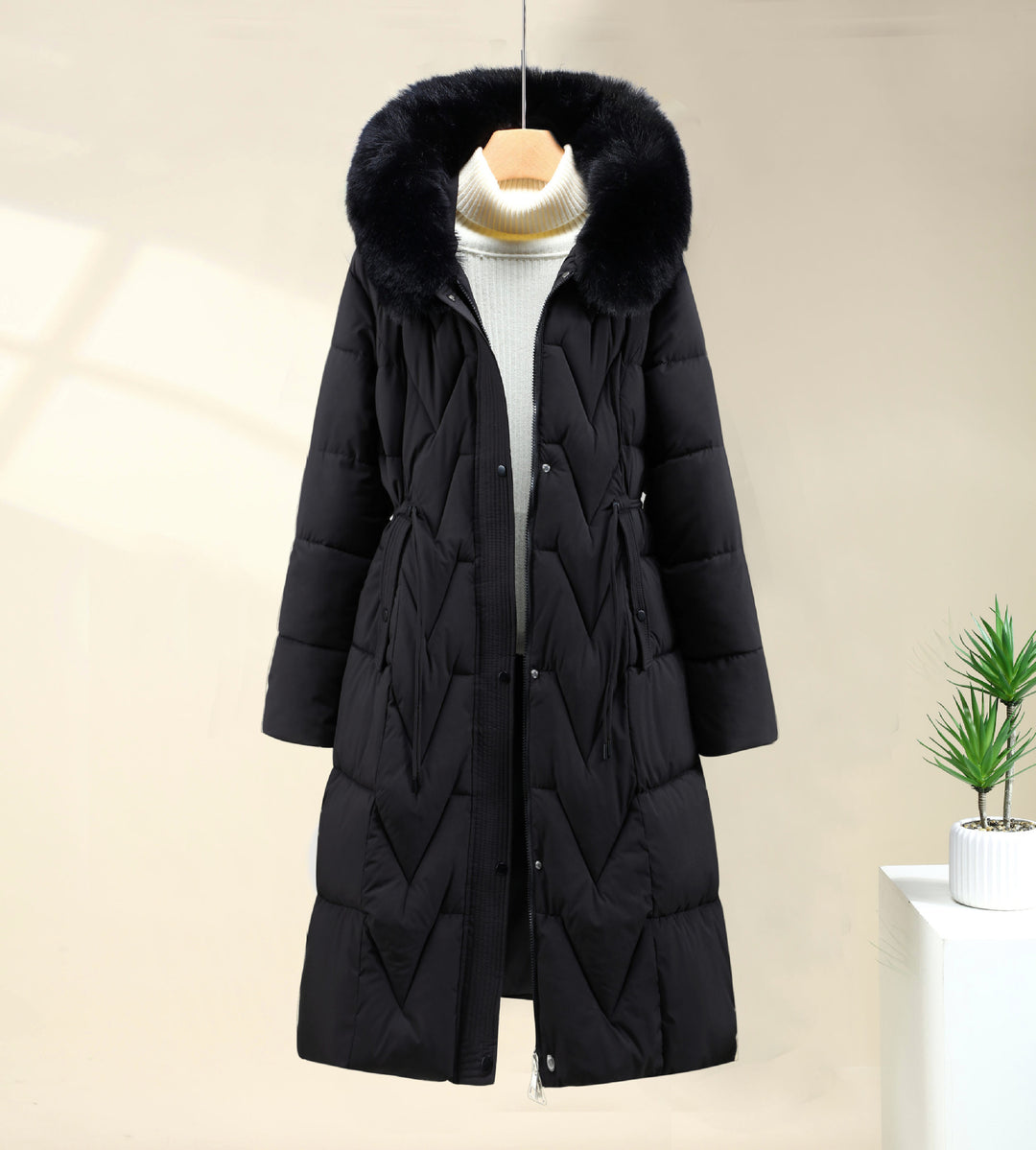 Damen nan langer gesteppter Parka mit voluminöser Kunstfellkapuze und taillierendem Kordelzug EB