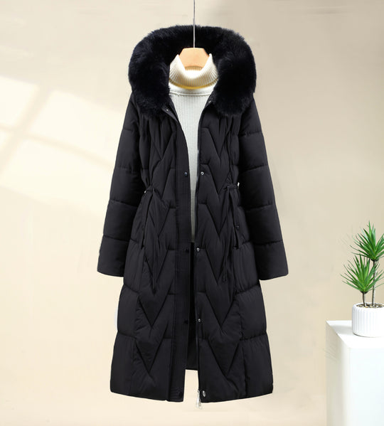 Damen nan langer gesteppter Parka mit voluminöser Kunstfellkapuze und taillierendem Kordelzug EB