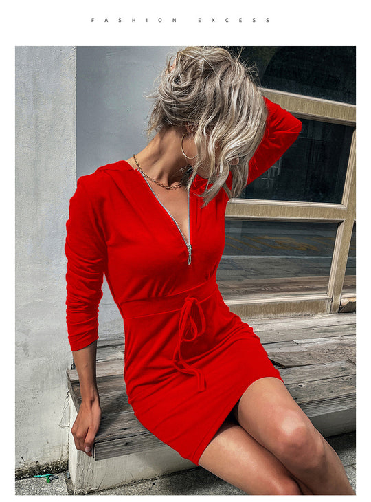 Damen Kapuzenkleid mit Reißverschluss und Taillenzug EB