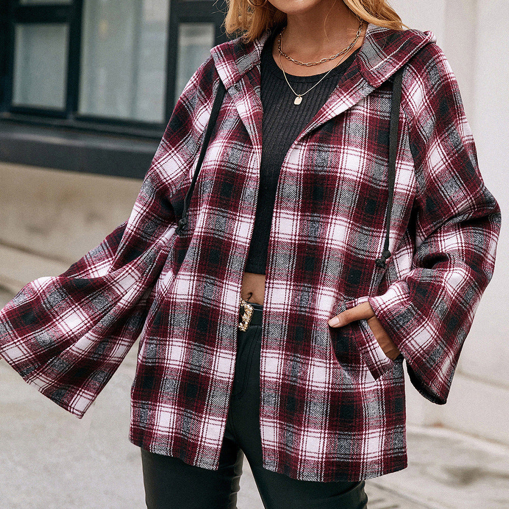 Damen Karo Overshirtjacke im lässigen Stil mit Kapuze und weiten Ärmeln EB