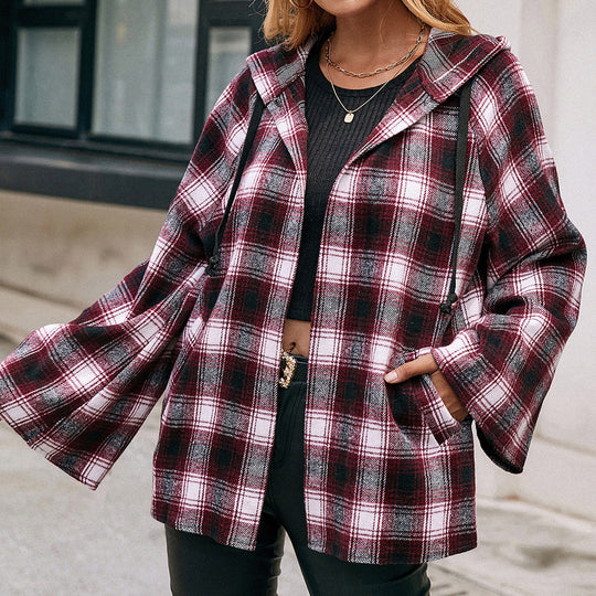 Damen Karo Overshirtjacke im lässigen Stil mit Kapuze und weiten Ärmeln EB