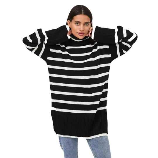 Damen gestrickter Rollkragenpullover mit modernem Streifenmuster und weitem Schnitt EB