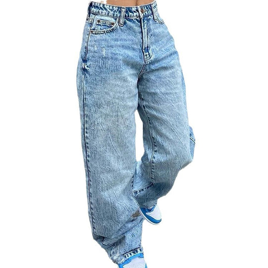 Damen nan weite High-Waist Baggy-Jeans mit tiefem Schritt, Five-Pocket Design und extra-langen Beinen EB