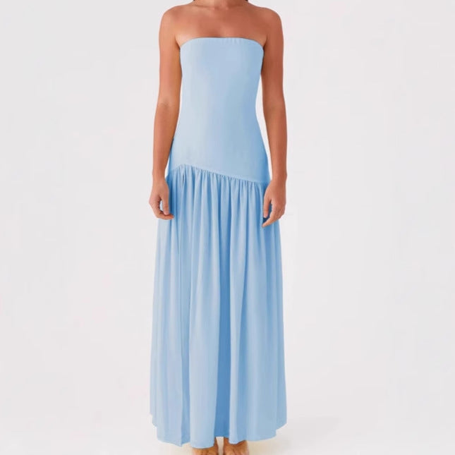 Damen Elegantes trägerloses Maxikleid mit hohem Schlitz und fließendem Stoff EB