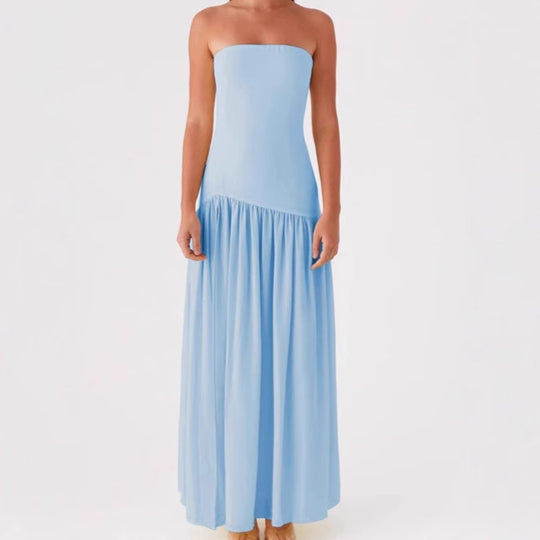 Damen Elegantes trägerloses Maxikleid mit hohem Schlitz und fließendem Stoff EB