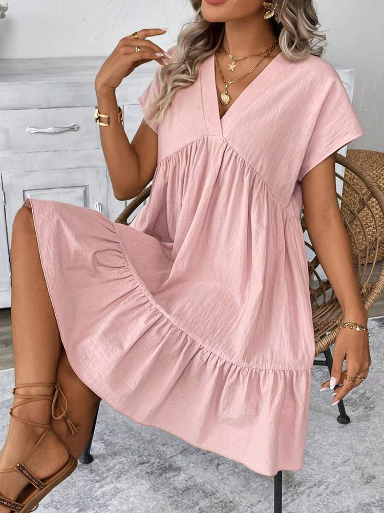 Damen kurzes Sommerkleid mit tiefem V-Ausschnitt und Rüschensaum EB