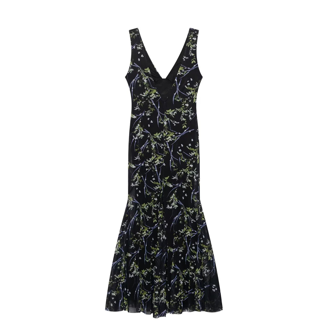 Damen Maxikleid mit floralen Akzenten und elegantem V-Ausschnitt EB