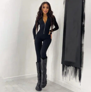 Damen Sportlicher Jumpsuit mit Reißverschluss und figurbetontem Schnitt EB