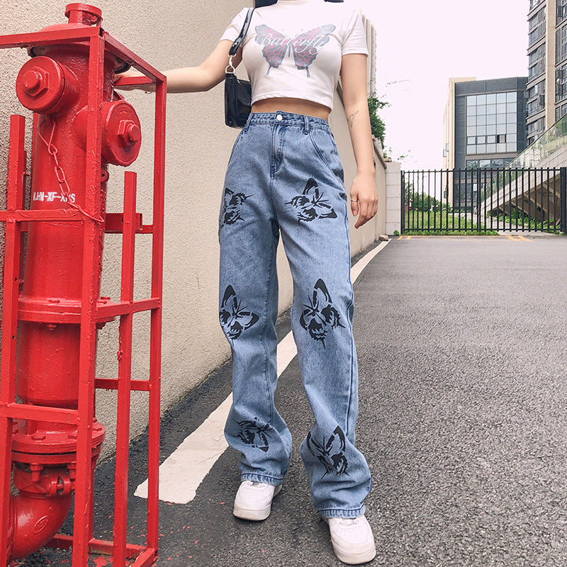 Damen weite High-Waist Jeans mit floralen Druckmotiven EB