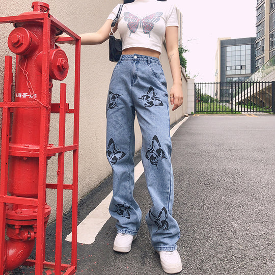 Damen weite High-Waist Jeans mit floralen Druckmotiven EB