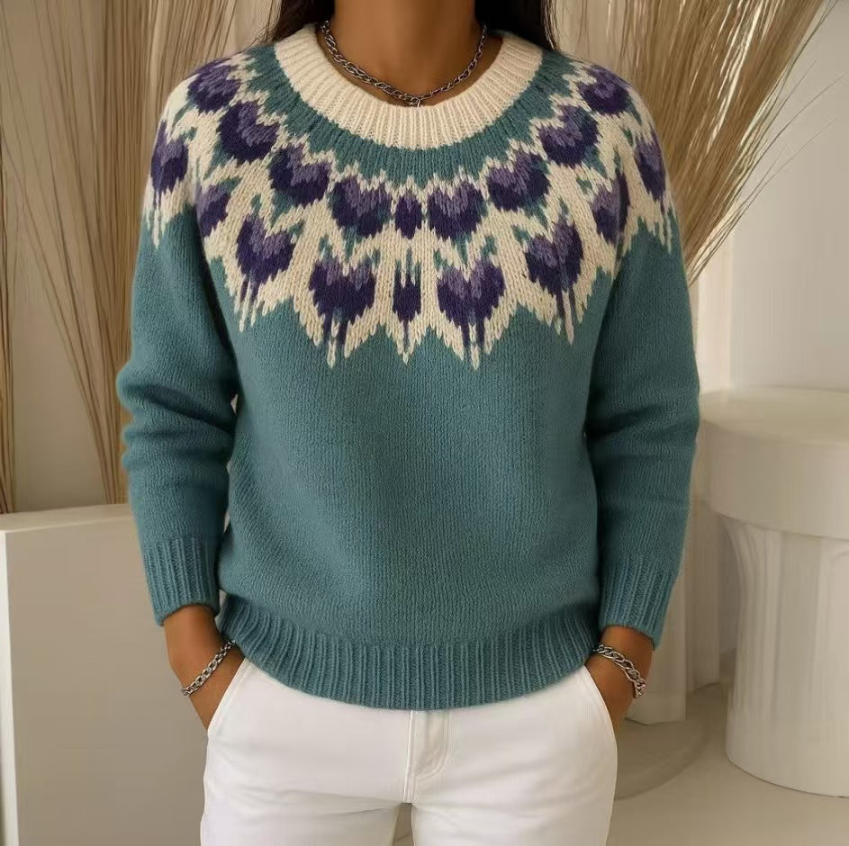 Damen nan gemusterter Norwegerstrickpullover mit weitem Rundhalsausschnitt und lässigem Oversize-Schnitt EB