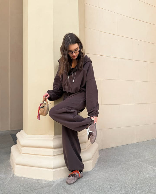 Damen oversized Kapuzenjacke mit Reißverschluss und weiten Jogginghose Lounge-Set EB