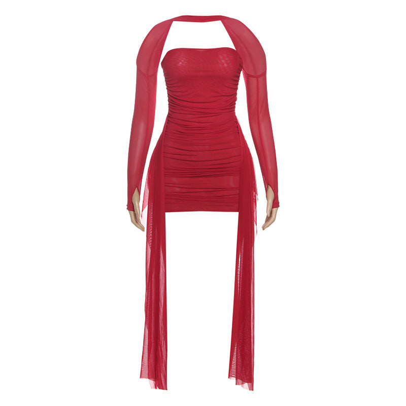 Damen Elegantes Minikleid mit raffinierten Rüschen und transparenten Ärmeln EB
