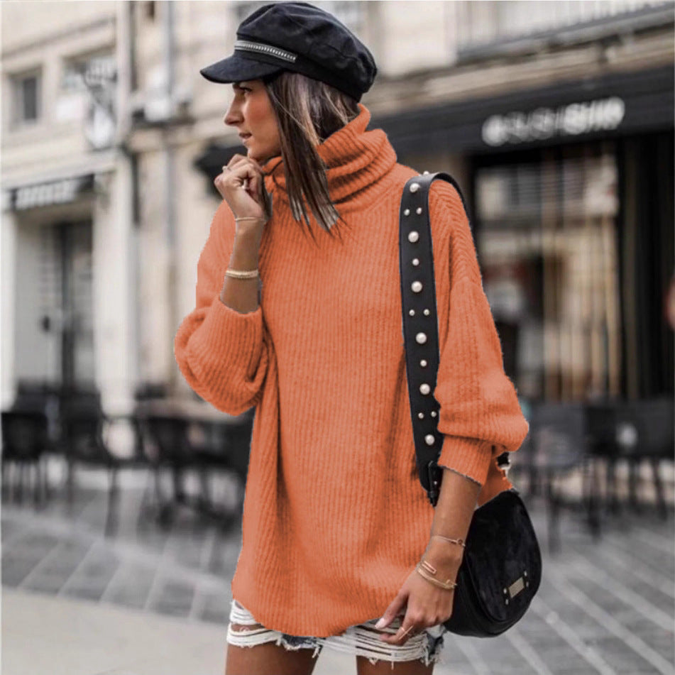 Damen Pullover mit hohem Kragen und grobem Strickmuster EB