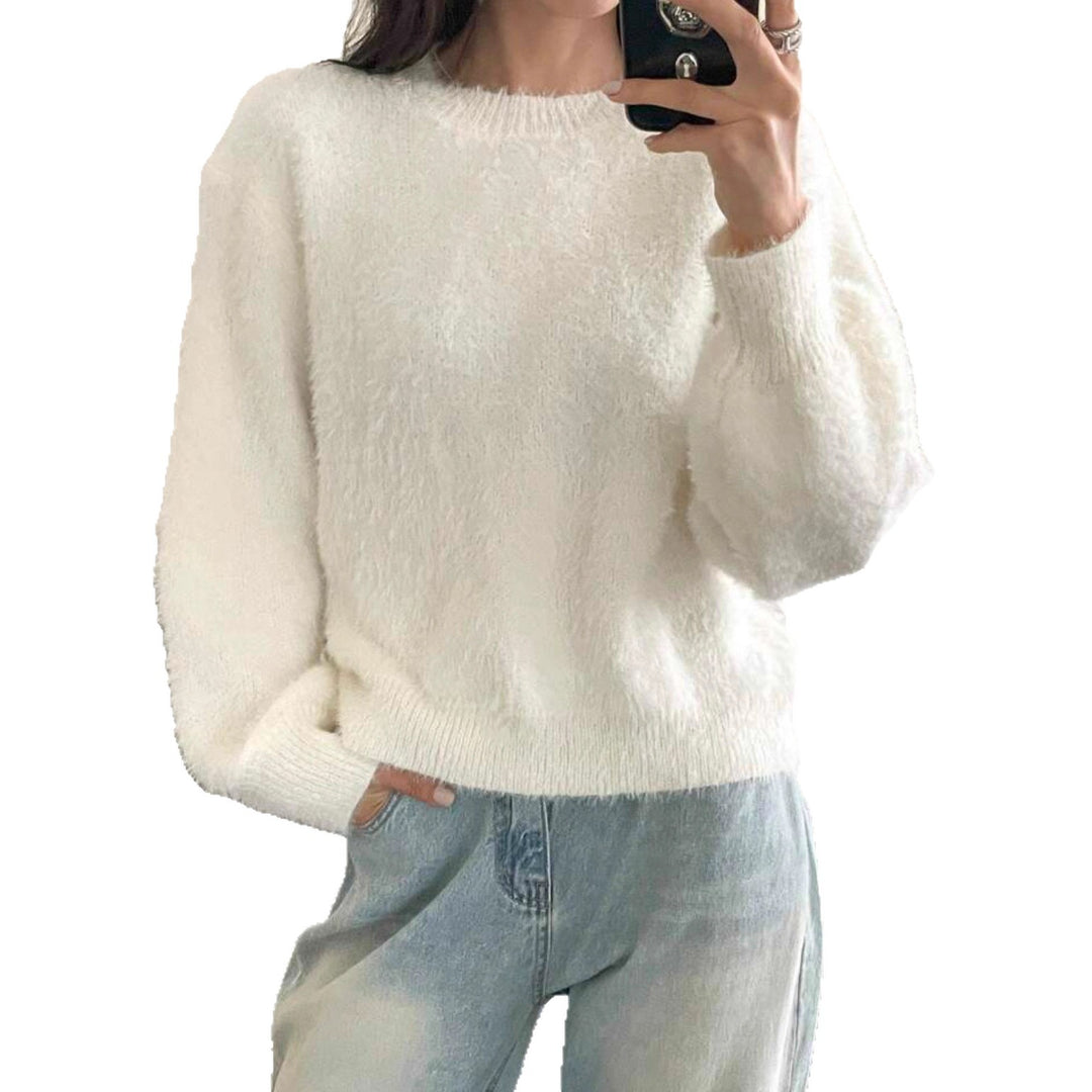 Damen Kurzgeschnitteter Flauschpullover mit Ballonärmeln und Rundhalsausschnitt EB
