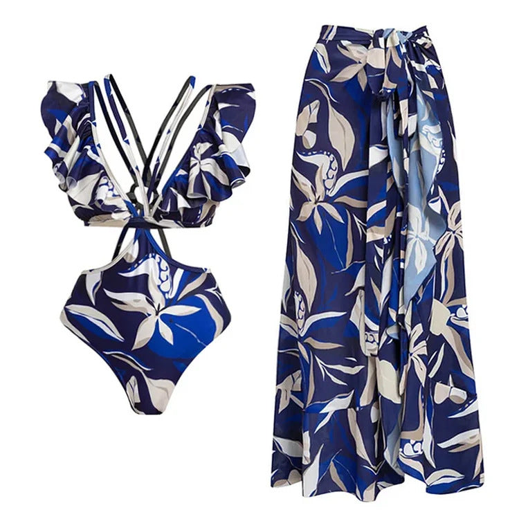 Damen Bikiniset mit Puffärmeln und elegantem Wickelrock EB