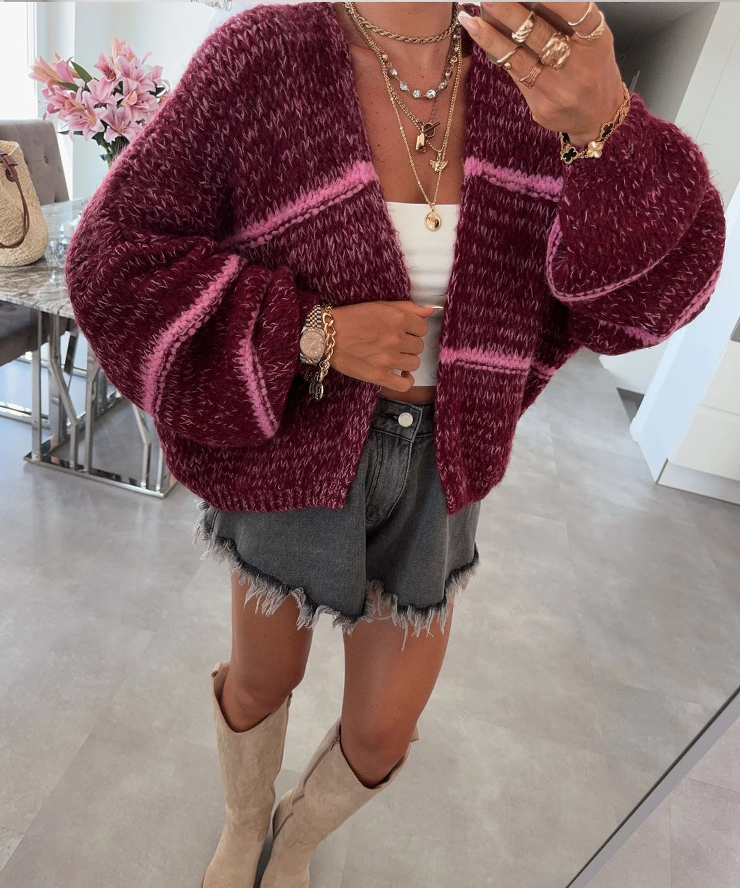 Damen Grobstrickjacke mit lässigem Schnitt und modischem Streifenmuster EB