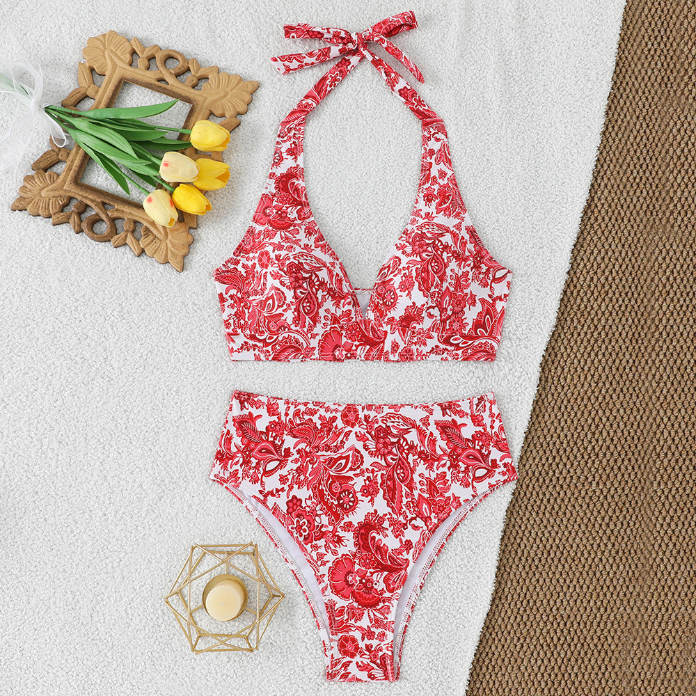 Damen Hochgeschnittener Bikini mit verspieltem Paisley-Muster EB