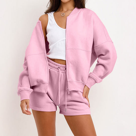 Damen nan zweiteiliges Sweat-Set mit oversized Reißverschluss-Jacke und elastischer Highwaist-Shorts EB