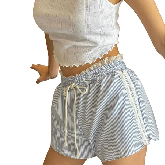 Damen lässige gestreifte Shorts mit elastischem Bund und Kordelzug EB
