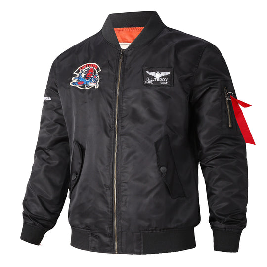 Men's  retro pilot-inspired flight jacket with embroidered crest, sleeve zipper utility pocket and contrast quilted lining EB