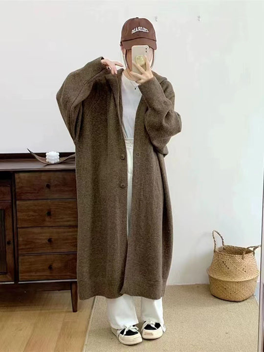 Damen Langer Strickcardigan mit Kapuze und praktischen Knöpfen EB