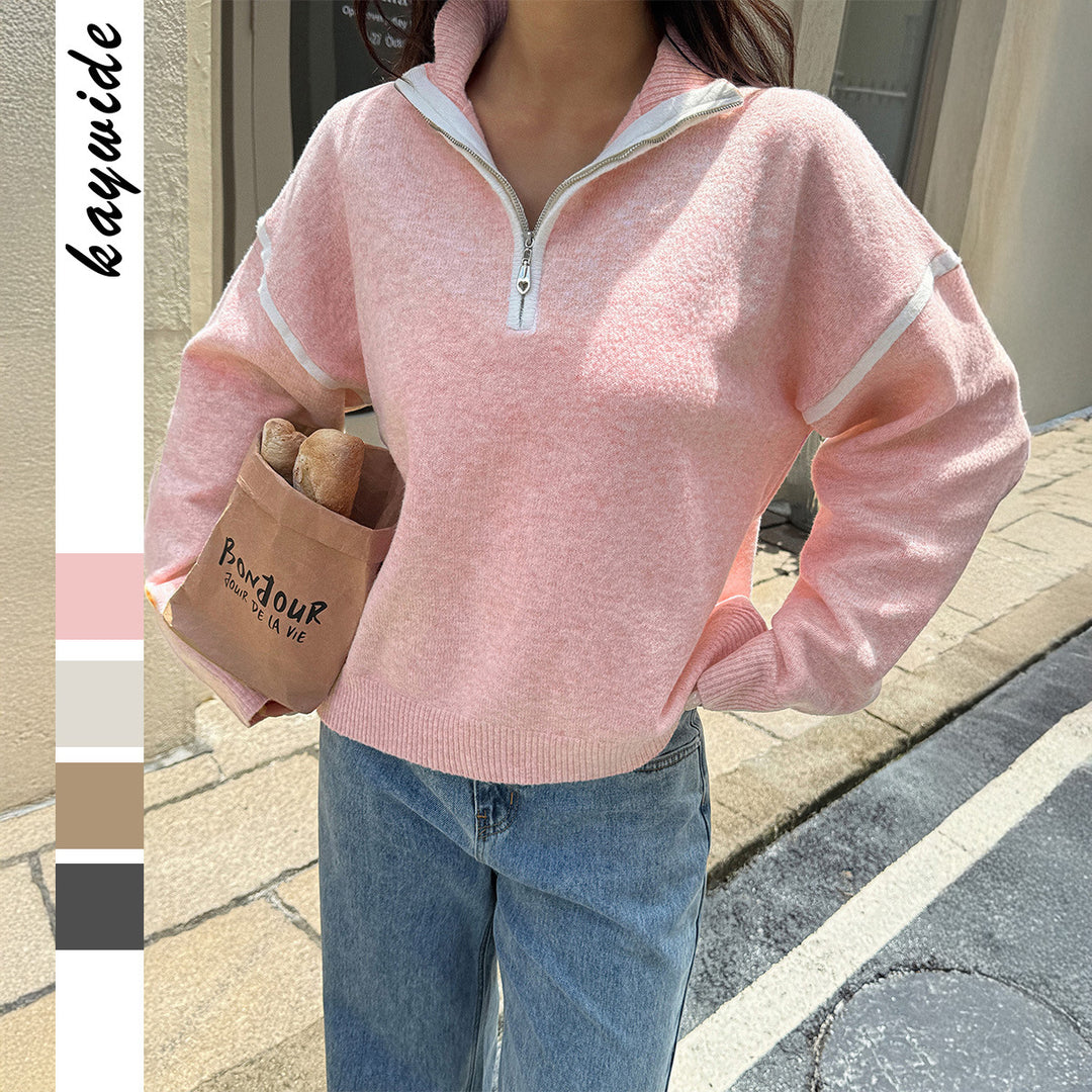 Damen nan oversized Strickpullover mit halbem Reißverschluss, Kontrastpaspeln und überschnittener Schulter EB