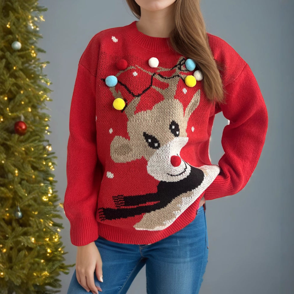 Damen weihnachtlicher Pullover mit einzigartigem Rentiermotiv und bunten Applikationen EB