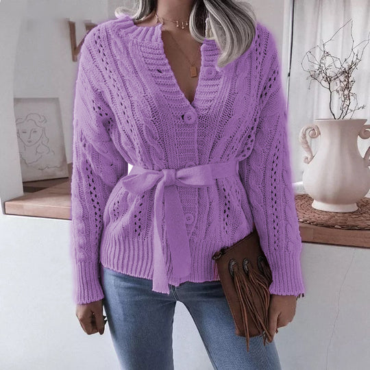 Damen Strickjacke mit Taillengürtel und auffälligem Muster EB
