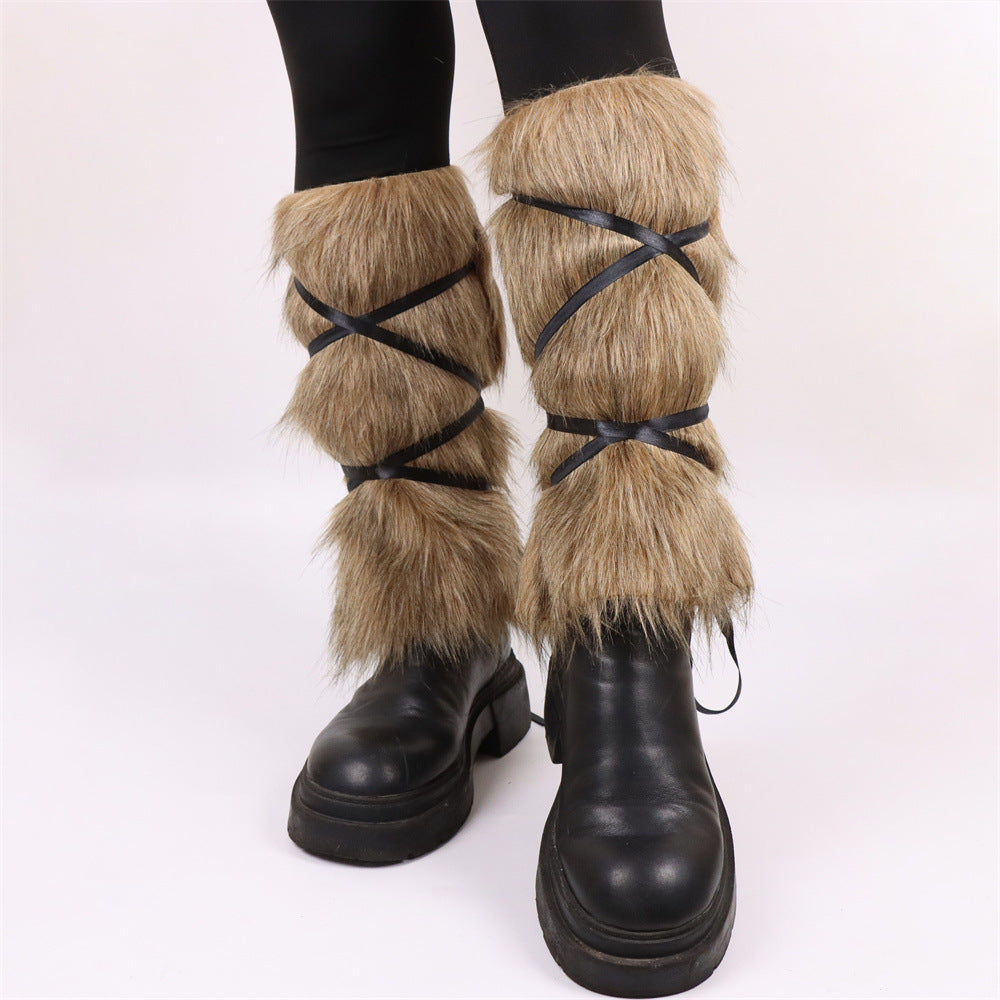 Damen Flauschige Beinstulpen mit Riemen EB