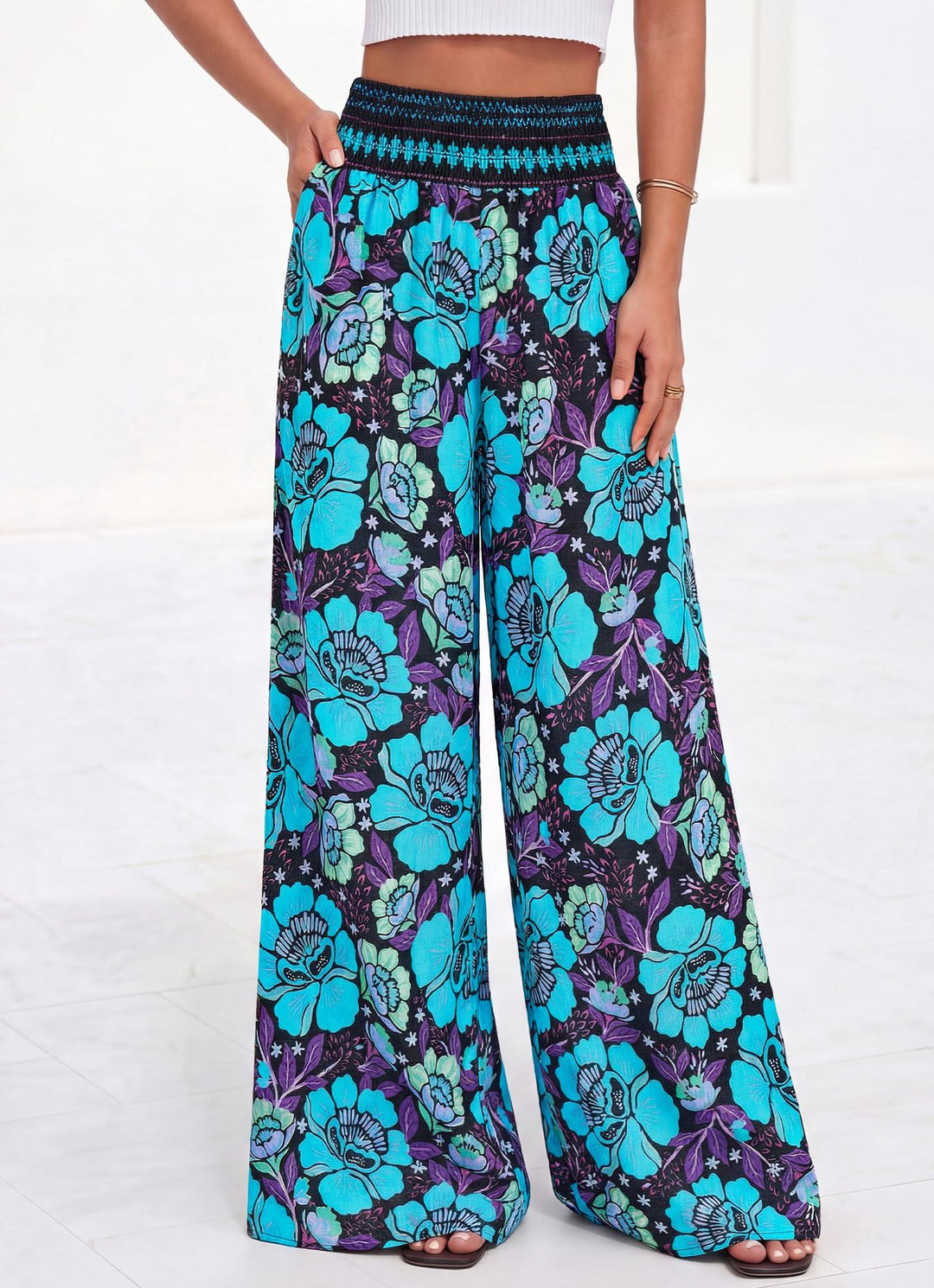 Damen luftige Palazzo-Hose mit floralen Mustern und elastischem Bund EB