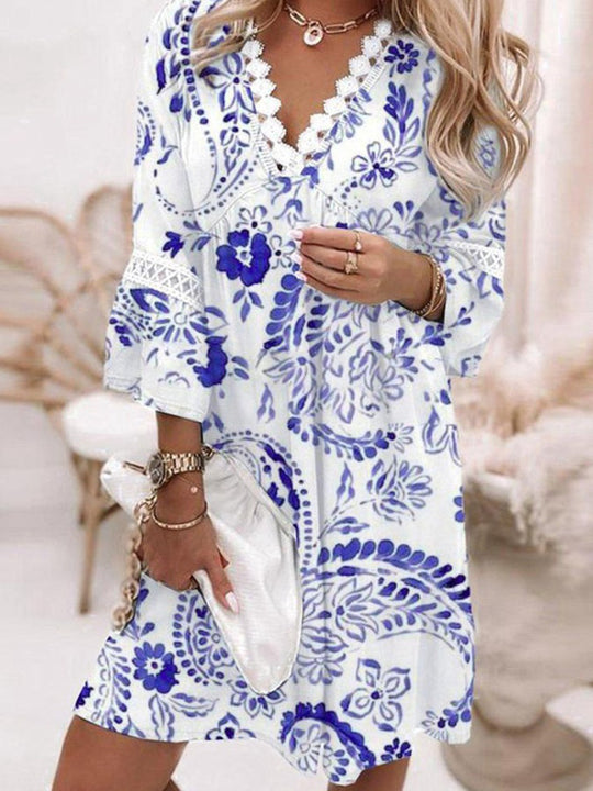Damen lässiges Kleid mit V-Ausschnitt und Rüschendetails EB