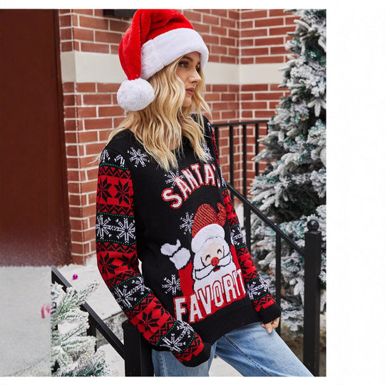 Damen Weihnachtspullover mit festlichem Santa-Motiv und glänzenden Details EB