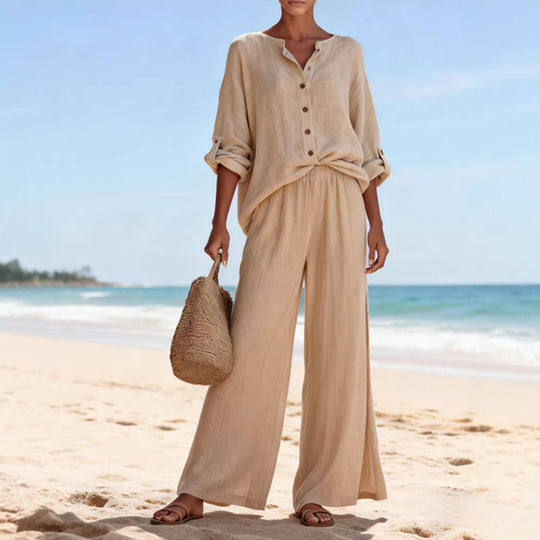 Damen Luftige Leinenbluse und weite Hose EB