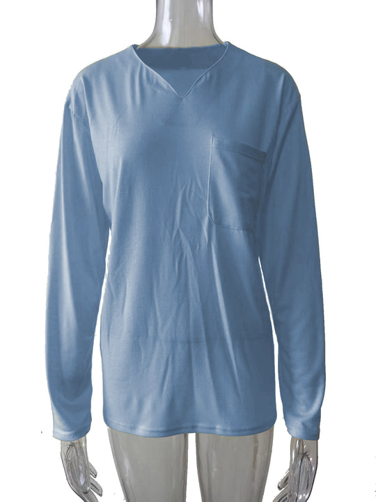 Damen nan legeres Langarmshirt mit V-Notch-Ausschnitt, Brusttasche und lockerer Oversize-Passform EB