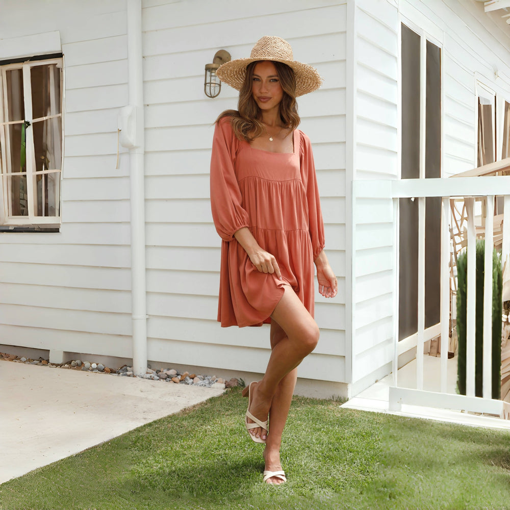 Damen Luftiges Oversize-Sommerkleid mit Ballonärmeln und quadratischem Ausschnitt EB