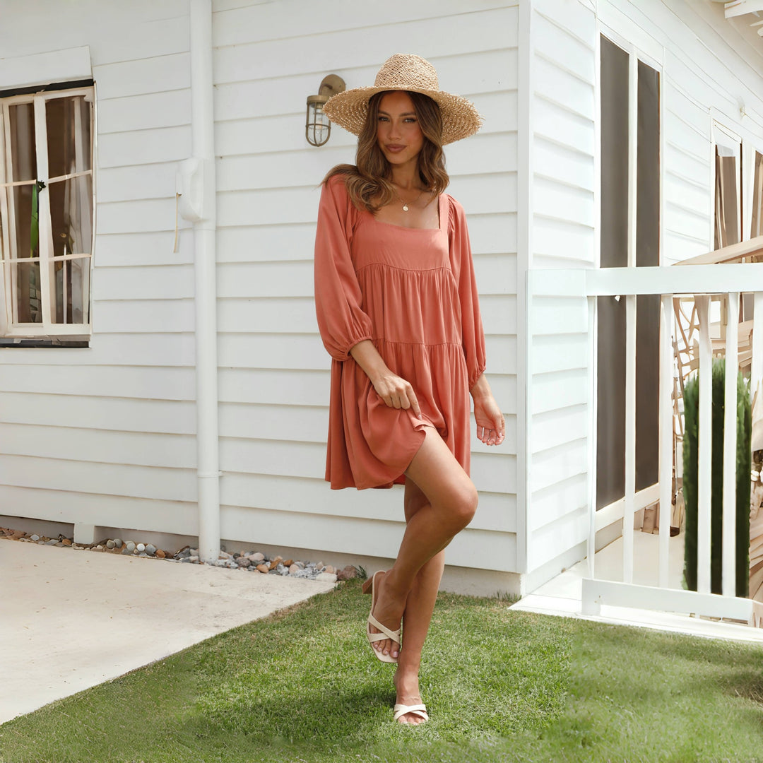 Damen Luftiges Oversize-Sommerkleid mit Ballonärmeln und quadratischem Ausschnitt EB