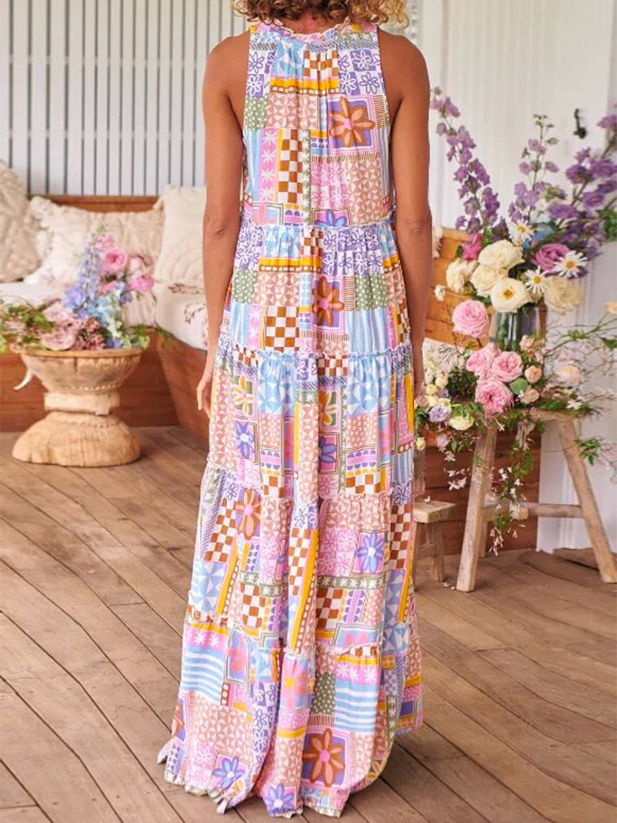 Damen Maxikleid mit buntem Patchwork-Muster EB