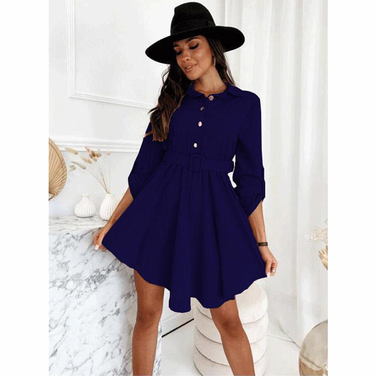 Damen Knielanges Hemdblusenkleid mit Taillengürtel und eleganten Details EB