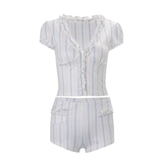 Damen modisches Strickset mit Rüschendetails und gestreiftem Muster EB