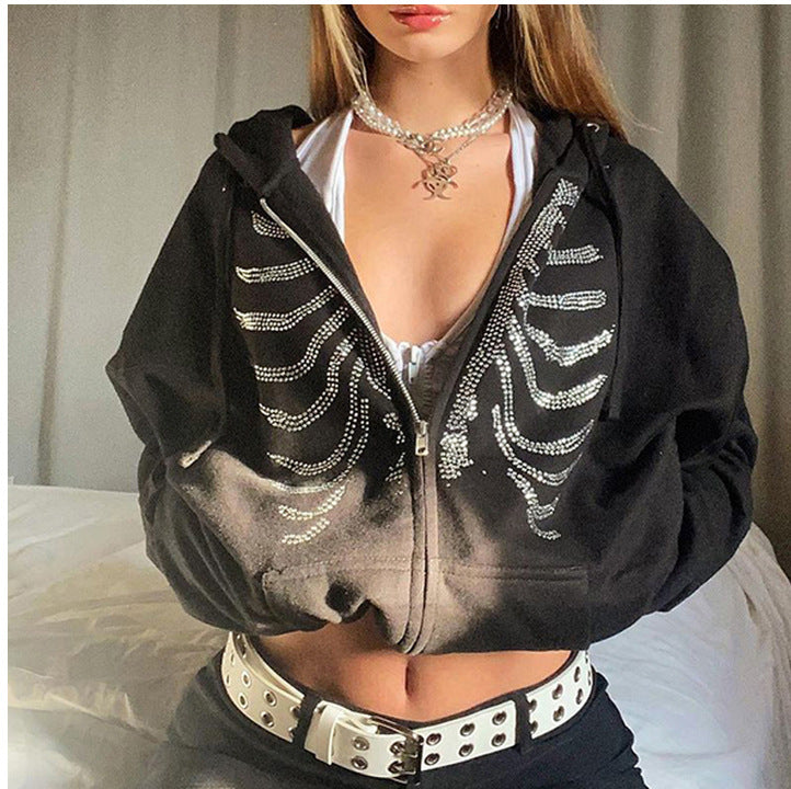Damen Kapuzenjacke mit einzigartigem Skelett-Design und funkelnden Strasssteinen EB