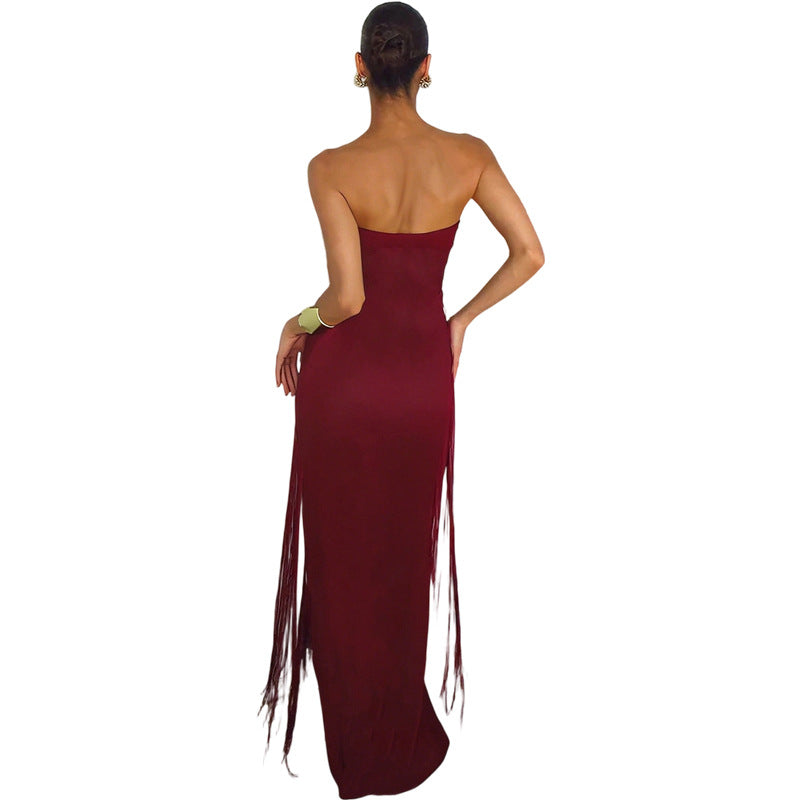 Damen Elegantes Maxi-Kleid mit Fransen und tiefem Ausschnitt EB