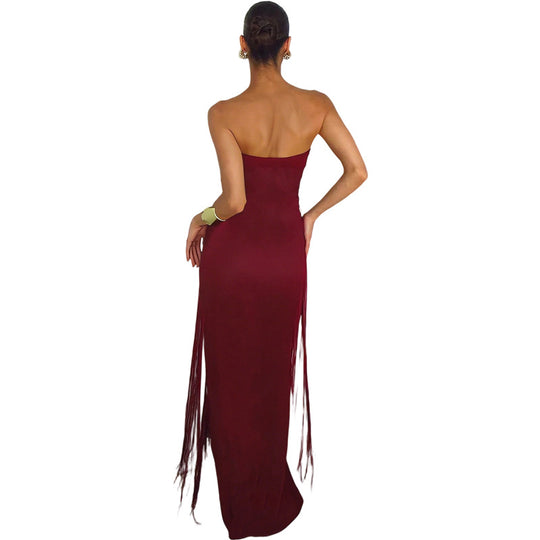 Damen Elegantes Maxi-Kleid mit Fransen und tiefem Ausschnitt EB