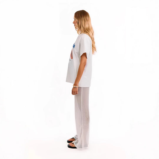 Damen Elegante Pailletten-Hose mit transparentem Chiffon und weitem Schnitt EB