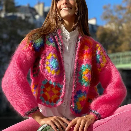Damen Strickjacke mit buntem Granny-Quadrat-Design und luftigen Ärmeln EB