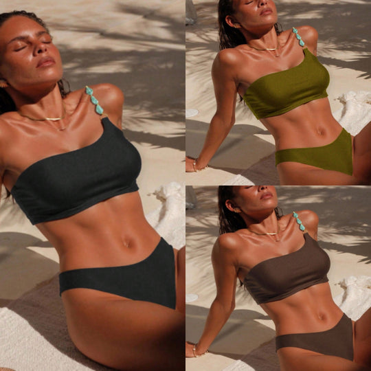 Damen One-Shoulder-Bikini-Set mit modischem Schmuckdetail EB