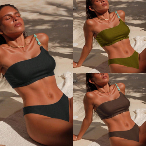 Damen One-Shoulder-Bikini-Set mit modischem Schmuckdetail EB